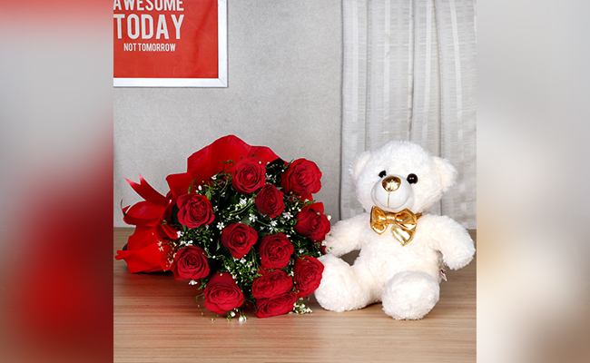 Teddy Bear with Flowers for Valentine’s Day Gift