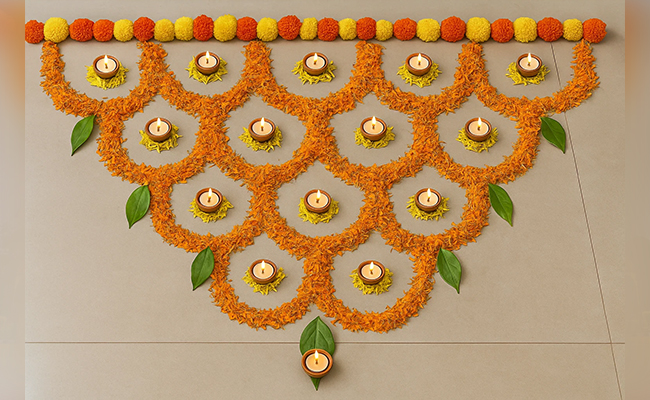 Marigold Flowers & Leaf Corner Rangoli Marigold Flowers & Leaf Corner Rangoli