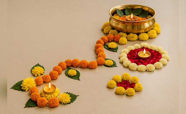 Minimal Floral Rangoli with Diyas and Garland Trail Minimal Floral Rangoli with Diyas and Garland Trail