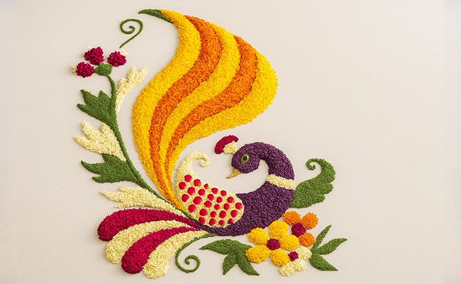 Peacock-Inspired Floral Rangoli Peacock-Inspired Floral Rangoli