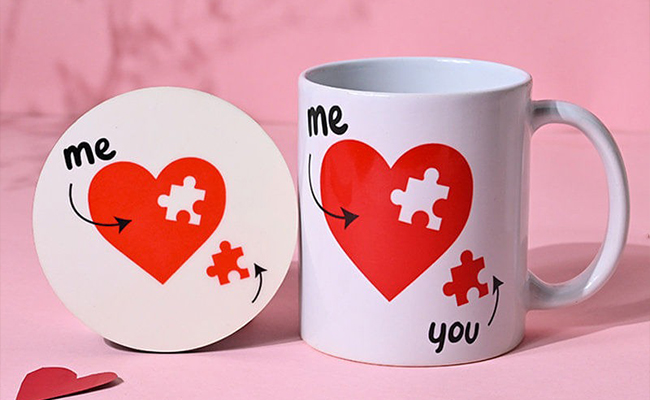 heart-themed mug and coaster combo for Valentine’s Day Gift